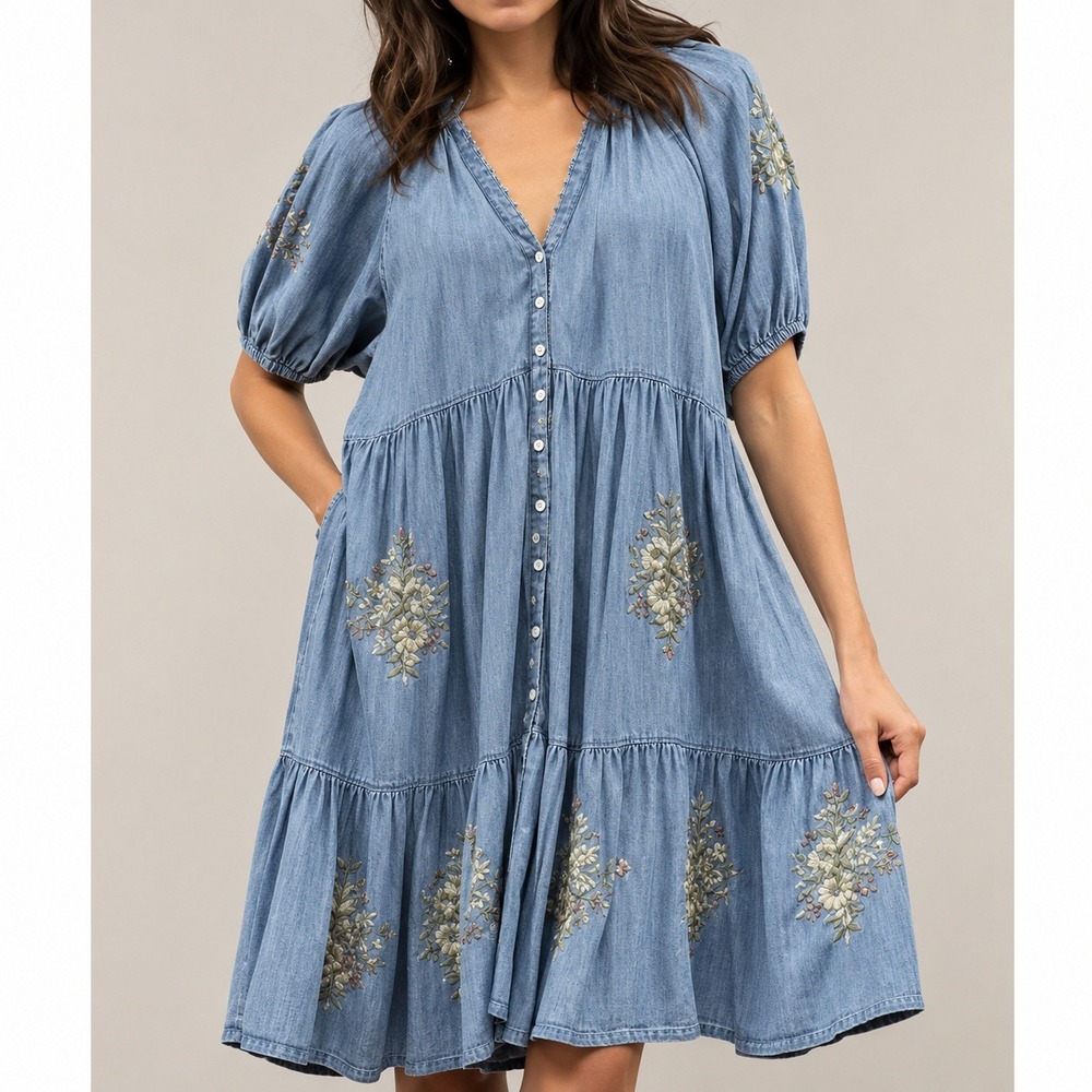 Kyla Seo Embroidered Chambray Tiered Babydoll Dress Blue Small Handmade Boho